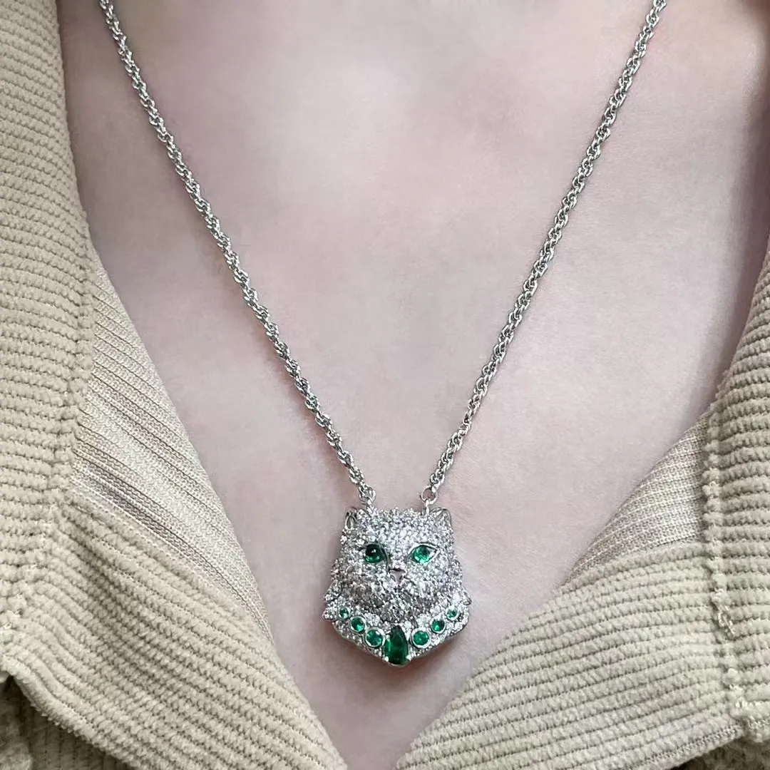 

Sterling silver S925 new green-eyed cat necklace full of diamonds inlaid luxury jewelry women's clavicle chain