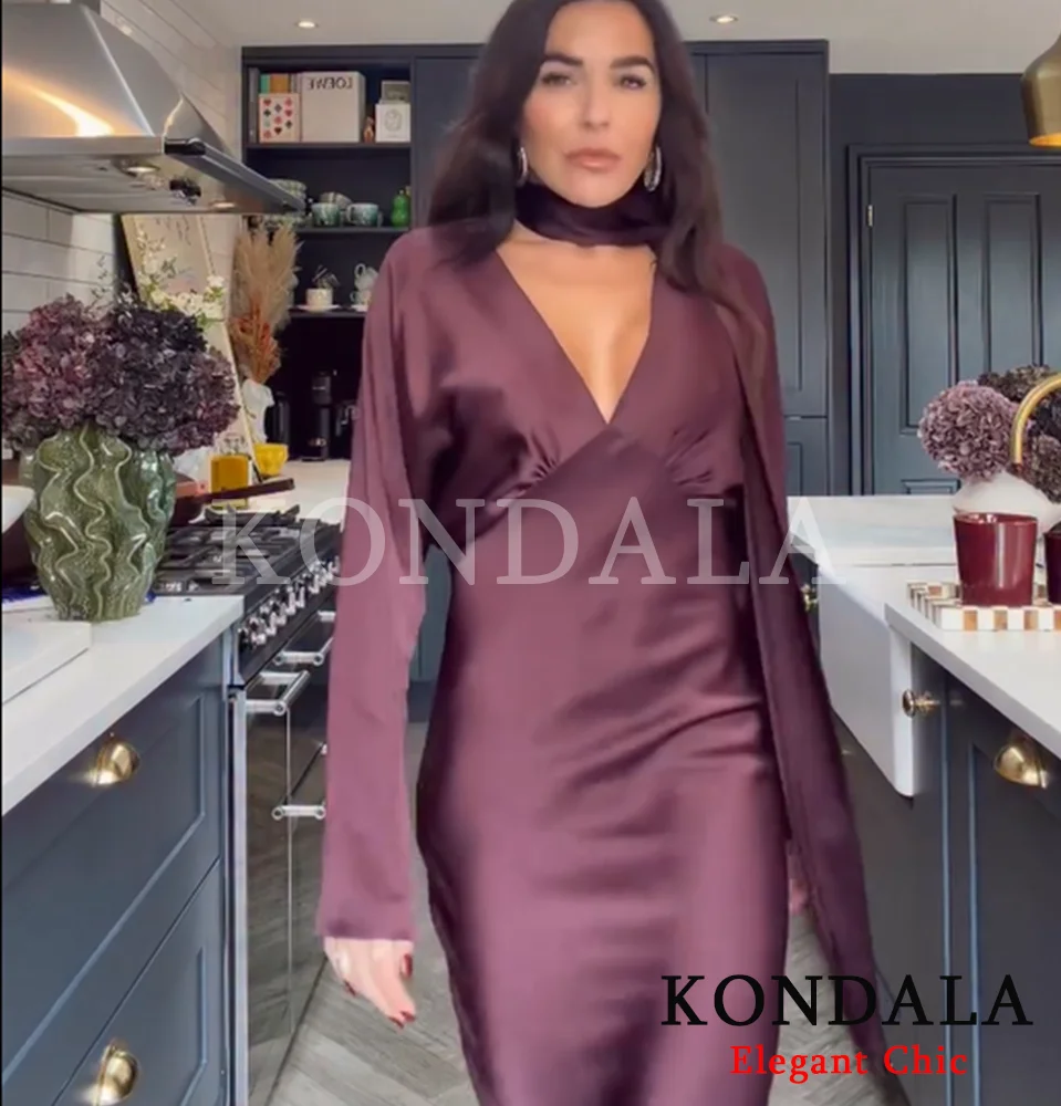 KONDALA Abito lungo da donna in raso con scollo a V per festa di Natale 2026 Abito da donna elegante per le vacanze di moda primavera inverno 2026