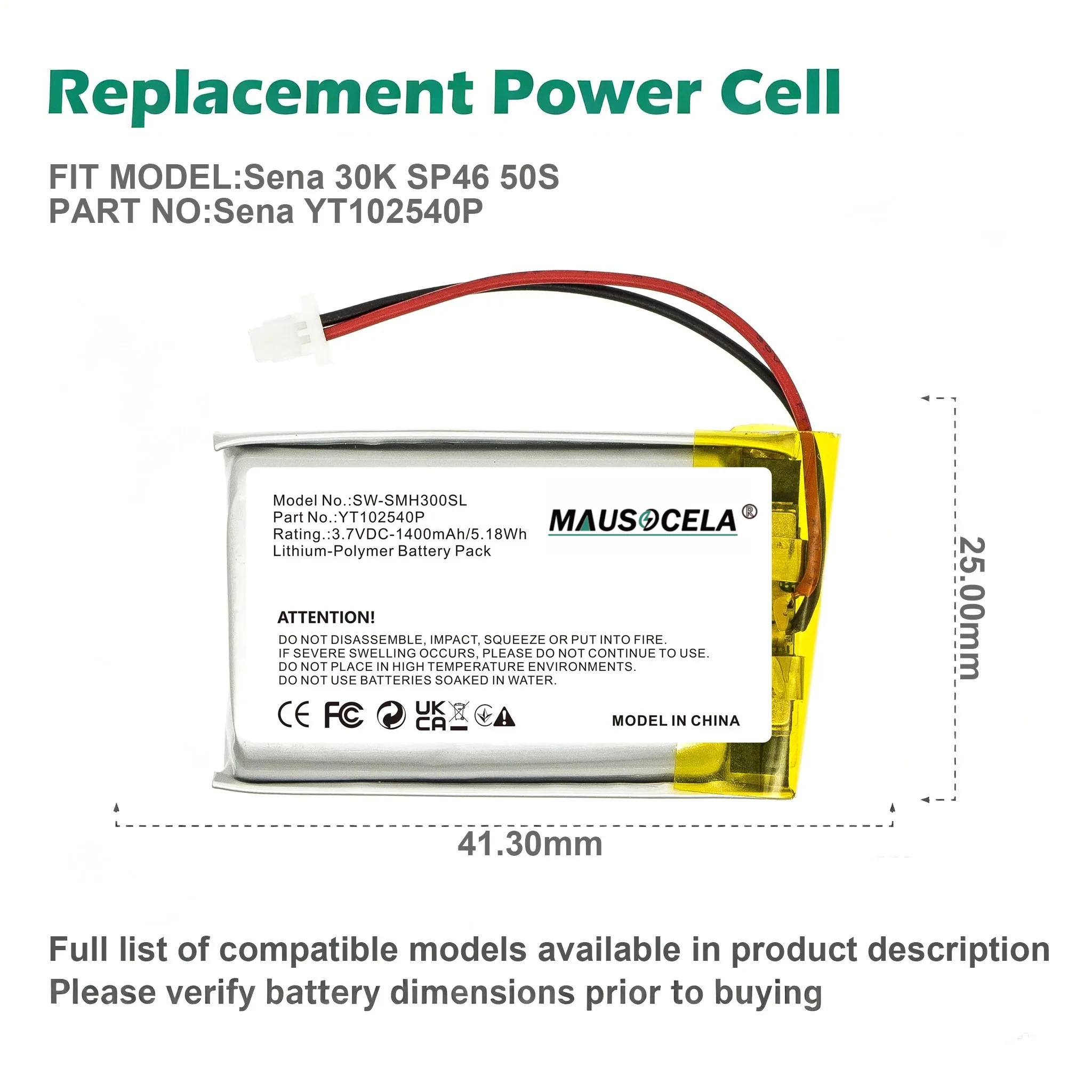 1400mAh Springway 3.7V Li-Po Replacement Battery YT102540P Fit Sena 30K SP46 50S Helmet Intercom SW-SMH300SL