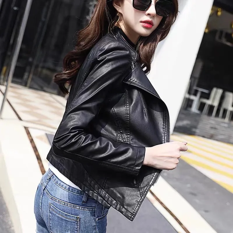 Nouveau Femmes classique manteau en cuir printemps automne 2025 mode costume col mince court en peau de mouton vêtements d'extérieur Biker en cuir femme