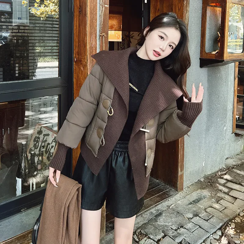 

2026 Autumn Winter New Stitching Knitted Down Cotton-Padded Jacket Women's Overcoat Loose Horn Short Cotton Coat Warm Parka Coat