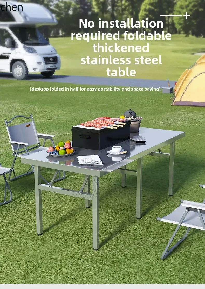 HYS Folding Table Stainless Steel Dining  Outdoor BBQ Table Night Market Stall Simple Picnic  Surface