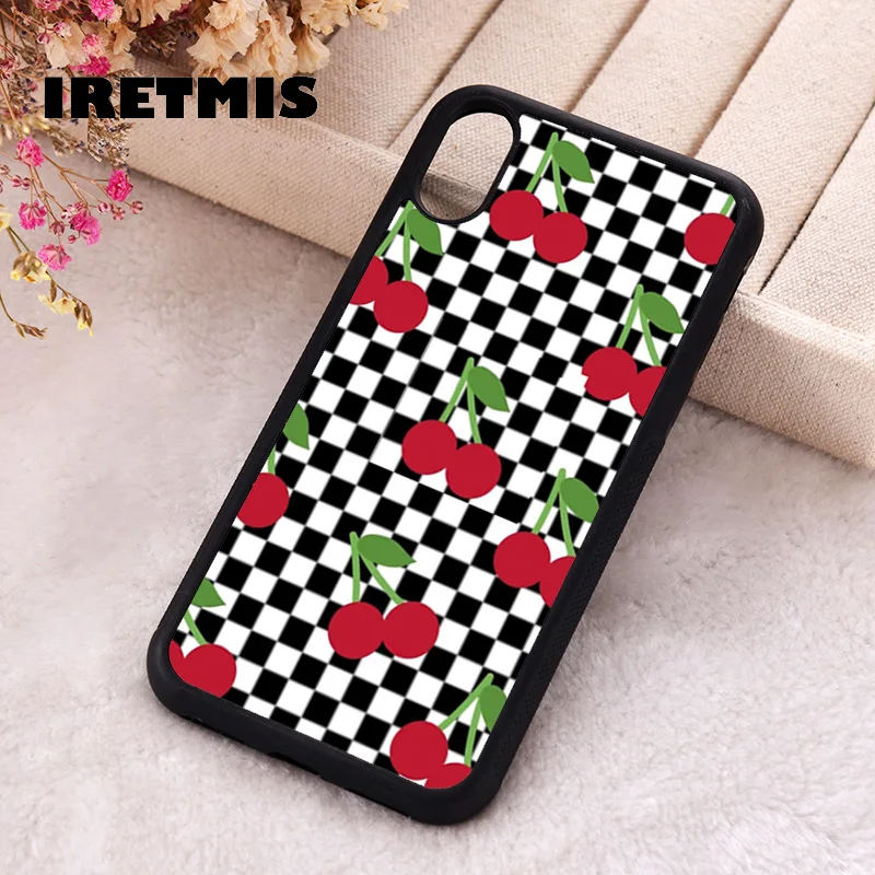 Iretmis Phone Cover Case For iPhone X XS Max XR 11 12 13 PRO MINI 14 15 16 Plus Rubber checker black and white with cherrys