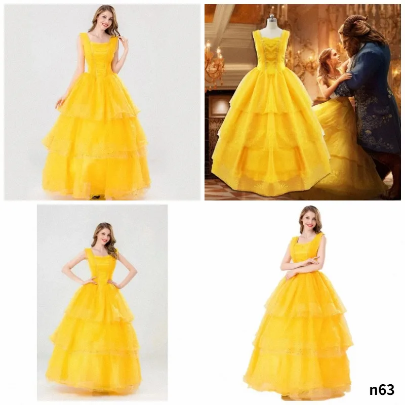 Disfraces de la Bella y la Bestia, vestidos de princesa Bella, vestido de baile amarillo para adultos, Cosplay, fantasías de Halloween para mujer, Co Ha5L3