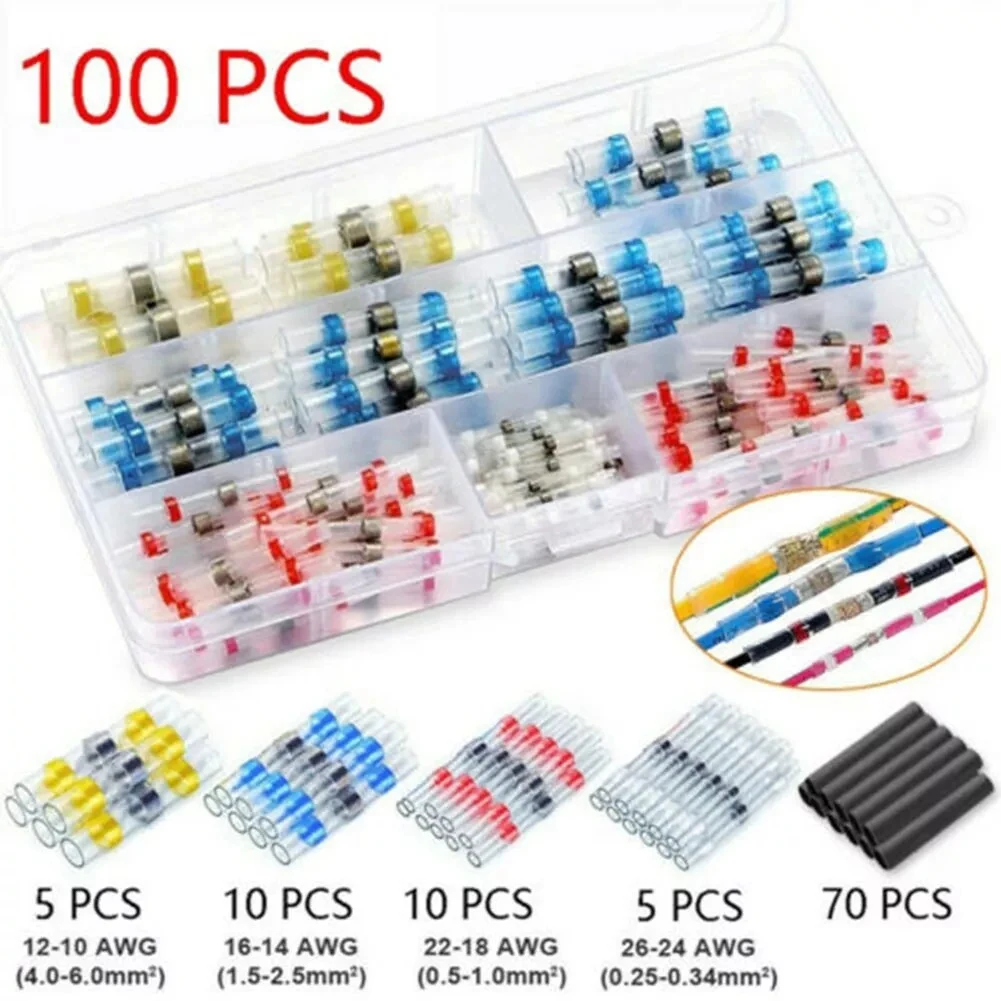 100pcs Waterproof Heat Shrink Wire Connectors Solder Seal Sleeve Insulated Butt Splice Crimp Terminals Electrical Tool