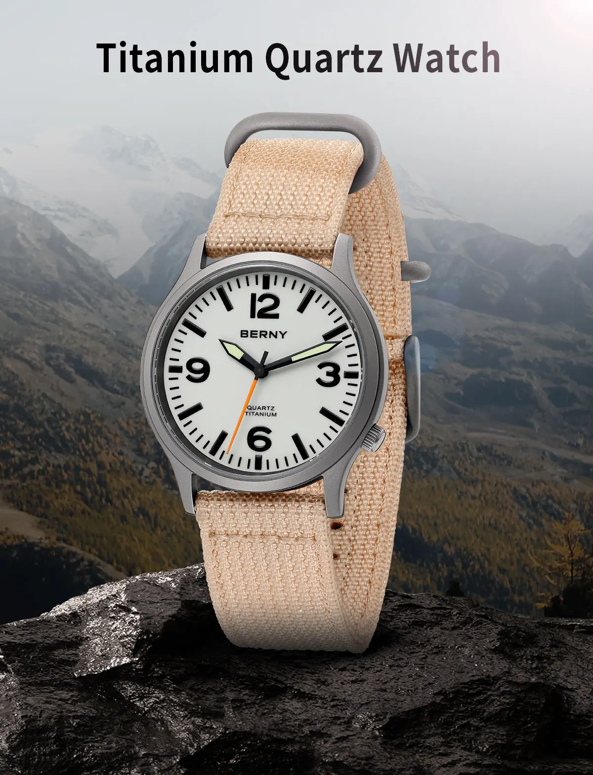 BERNY Titanuhren für Herren, Saphir-Feldsport-Quarzuhr, voll leuchtendes Zifferblatt, wasserdichte Armbanduhr für den Außenbereich – Detail 1