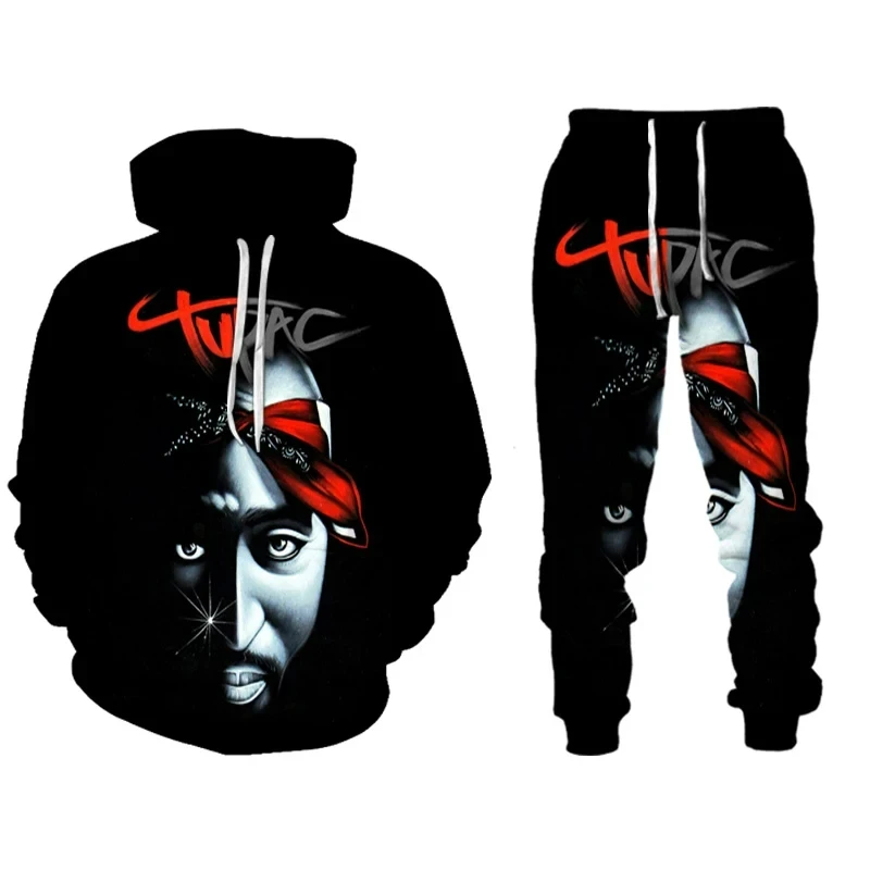 Conjunto de sudadera con capucha y pantalón para hombre y mujer, traje de dos piezas con estampado 3D del cantante de Rap 2 PAC Tupac, estilo Hip