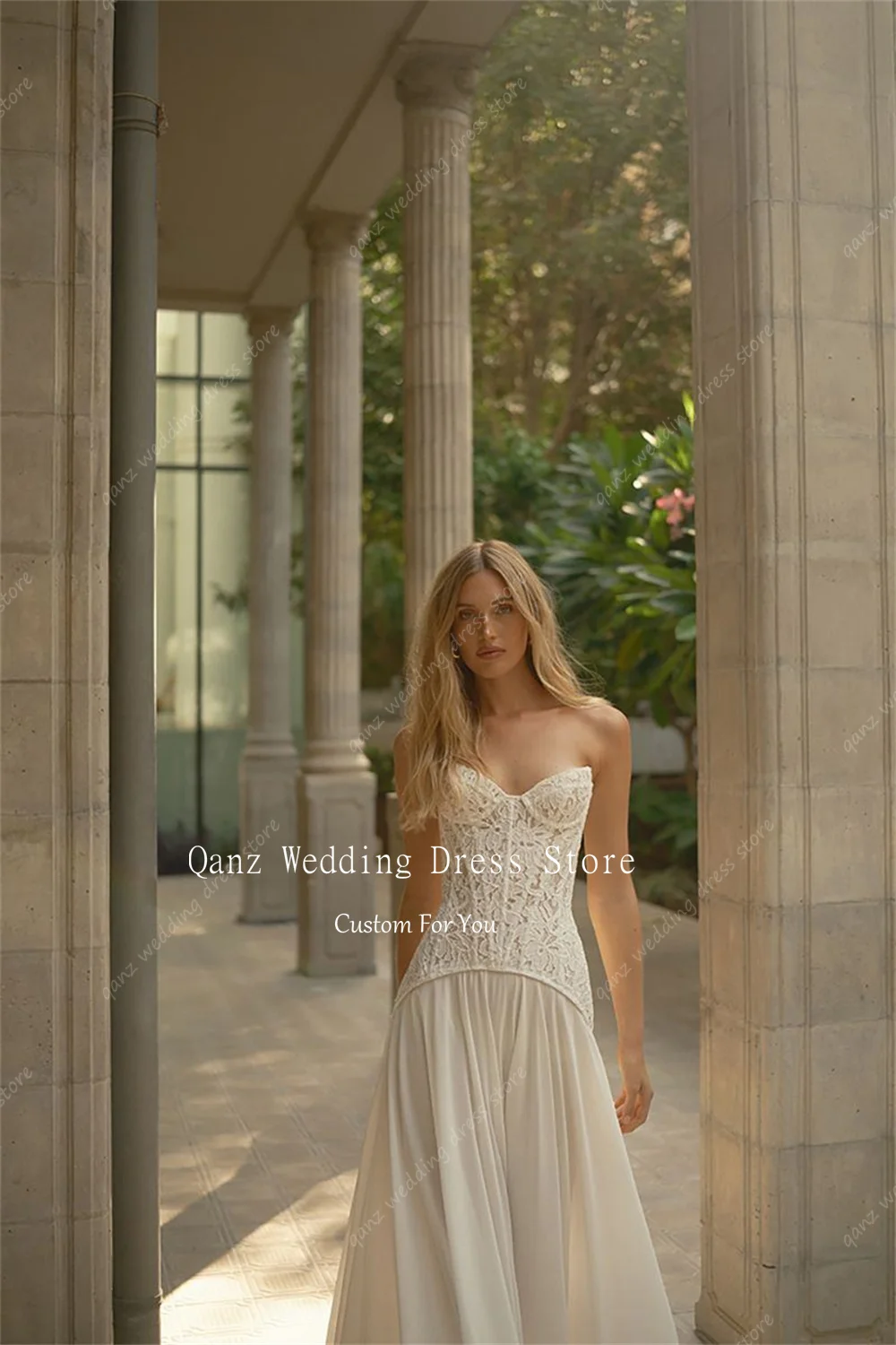 Qanz boêmio laço vestido de casamento marfim chiffon espartilho voltar vestidos de noiva 2 peças querida vestido de novia boda personalizado