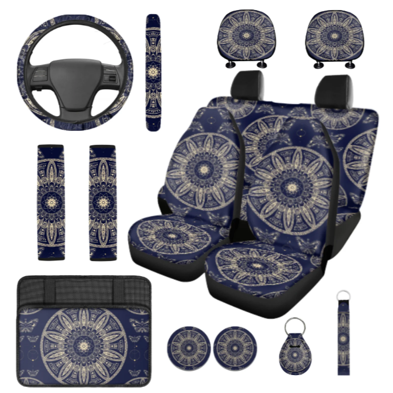 Coloranimal Moth Mandala 14 Pieces Automobile Seat Cover Sets with Full Set Steering Wheel Cover and Car Safety Belt Pad