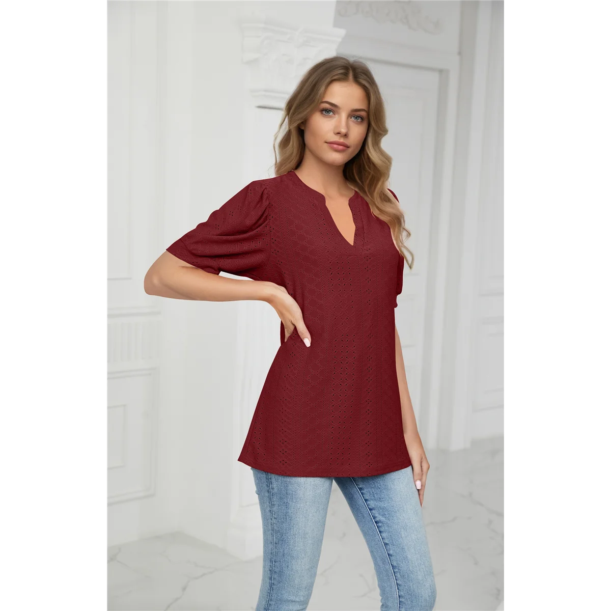 

CYL-Summer Puff Short Sleeve Shirts Wine Red L