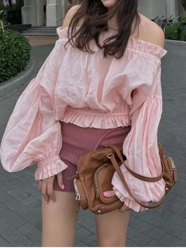 

Korean Sle Pure Desire oulder Bared One-oulder irt Women's Faionable Early Autumn Design Loose Fit Lantern Sve