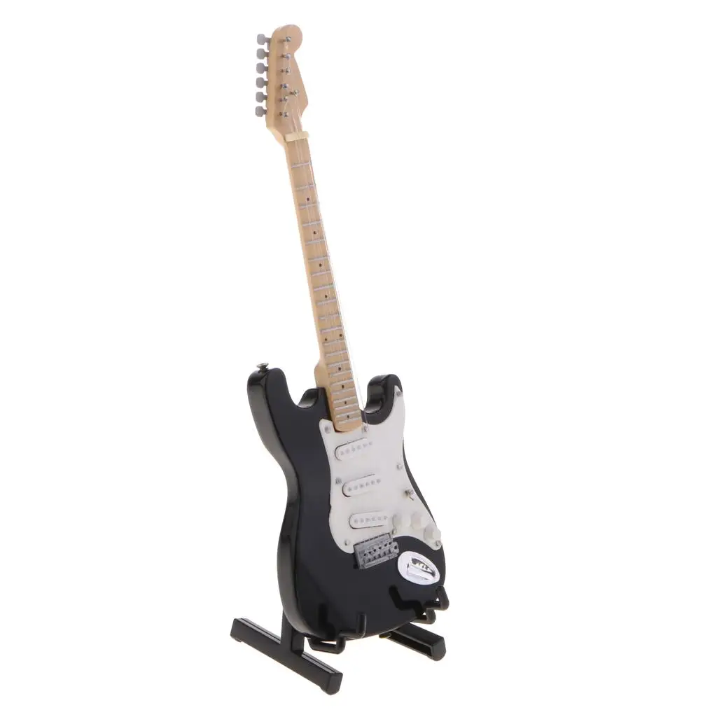 17cm Handmade Mini Wooden Electric Guitar with Stand Toys Dollhouse Accessory Black