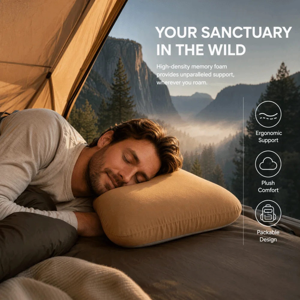 Compact Memory Foam Pillow Removable Washable Camping Pillow Neck & Lumbar Support Ergonomic Compressible Pillow Side Sleepers