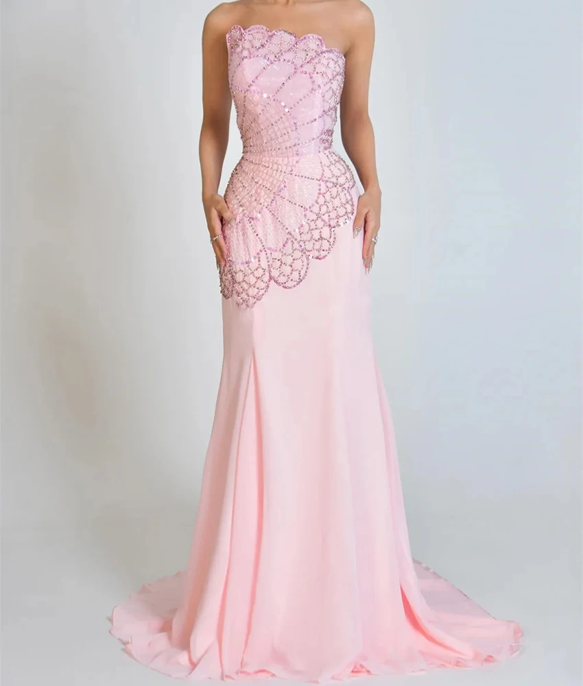 Vestido de noche personalizado de gasa exquisito, sirena, lentejuelas, cuentas, flores, delicado, sin tirantes, sin mangas, vestidos de celebridades