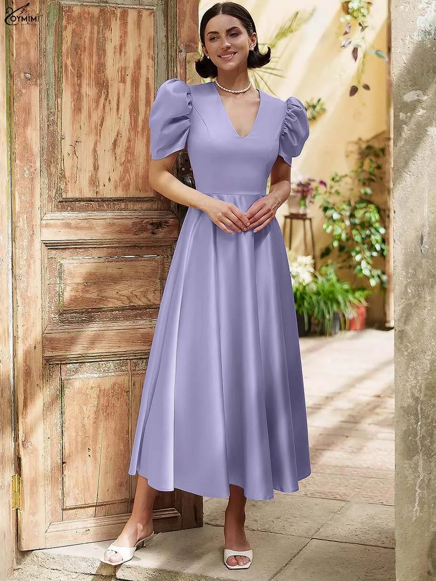 

Oymimi Fashion Purple V-Neck Womens Dresses Elegant Short Sleeve High Waisted Dresses Autumn Loose Mid-Calf Dress Streetwear