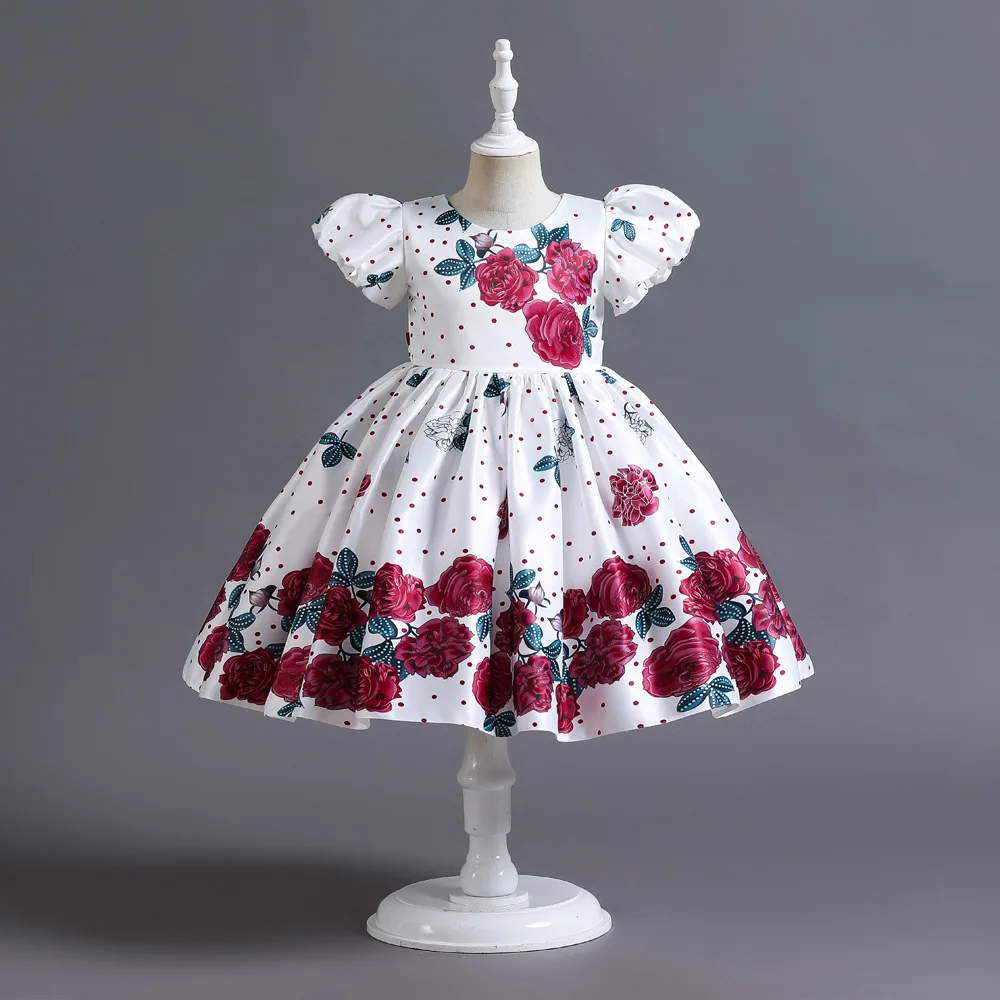 HETISO Rose Floral Cotton Kids Party Dress Elegant Princess Gown with Dots for Girls Holiday Quinceanera Suitable for 2-10 Years