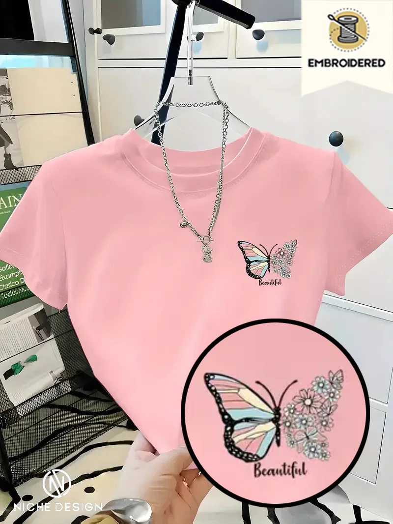 

Women's Y2k Embroidery T-Shirt Style Ultra-Short with Butterfly - Soft Comfortable Fabric, Casual Elegant Layering Essential