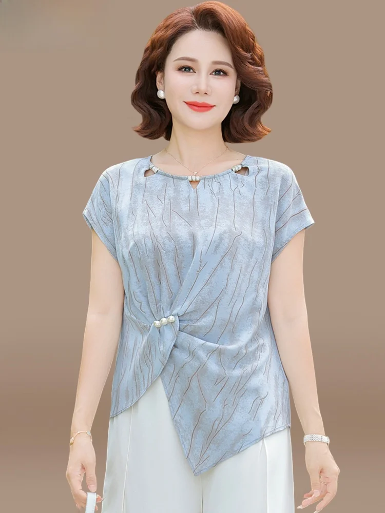 

Летний модный комплект для мам: брендовый топ и шифоновая юбка для женщин среднего возраста, новинка 2026 года, комплект из двух предметов с коротким рукавом