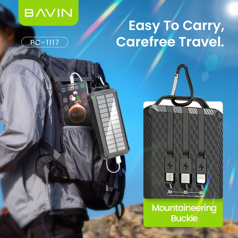BAVIN المحمولة قوة البنك PC1117 10000mah ليثيوم بوليمر لوحات البطارية السفر شحن سريع بنك الطاقة الشمسية مع كابل إضاءة LED