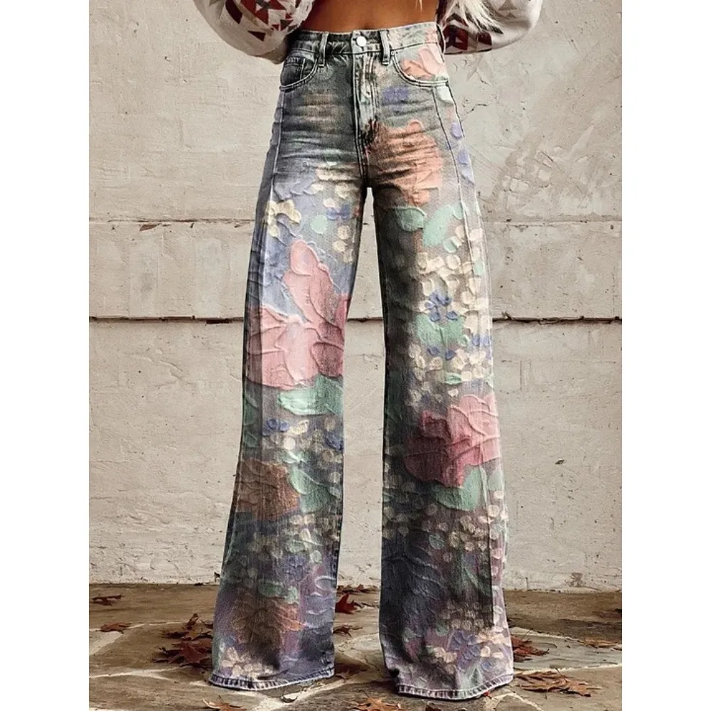 Damen Boho Blumenmuster High-Waist Weite Hose Retro Y2K Western Lässige Loose-Fit Hose mit Taschen Sexy Mädchenhafte Streetwear – Detail 4