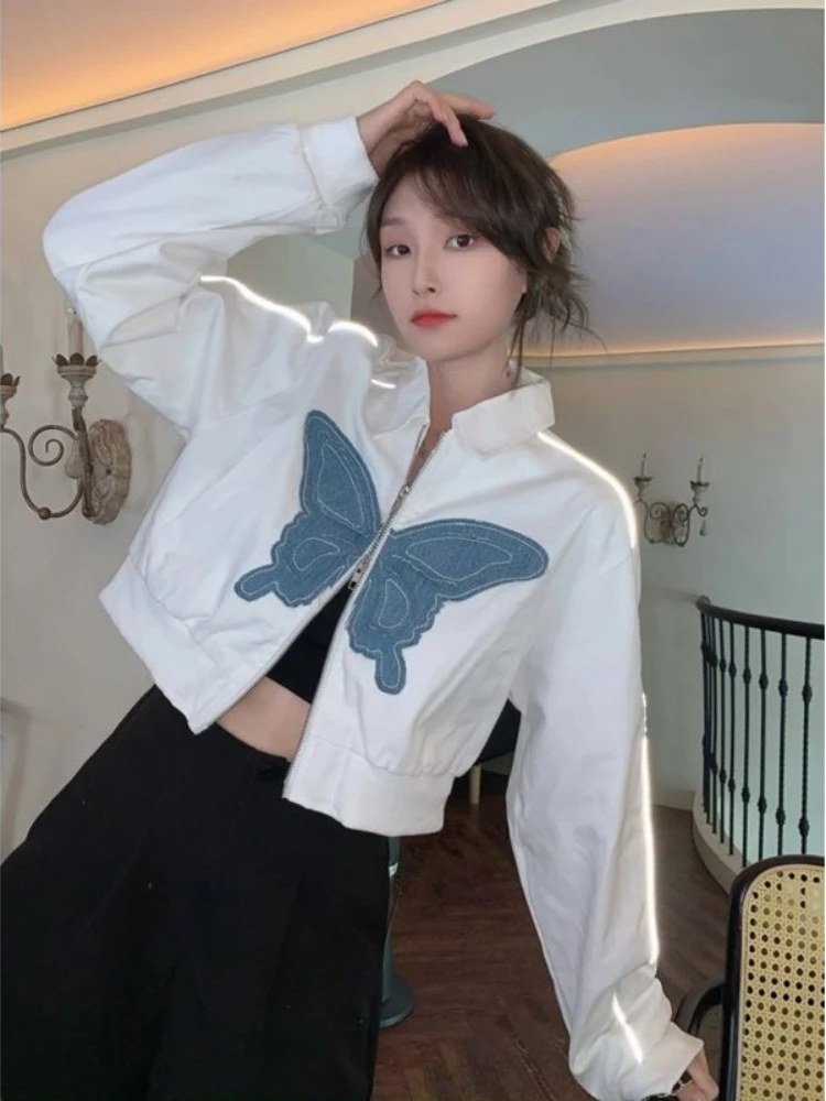 

Streetwear Harajuku Crop Coat Butterfly Embroidery Female Slim Jackets Women 2022 Turn Down Collar Spring Autumn All Match Tops