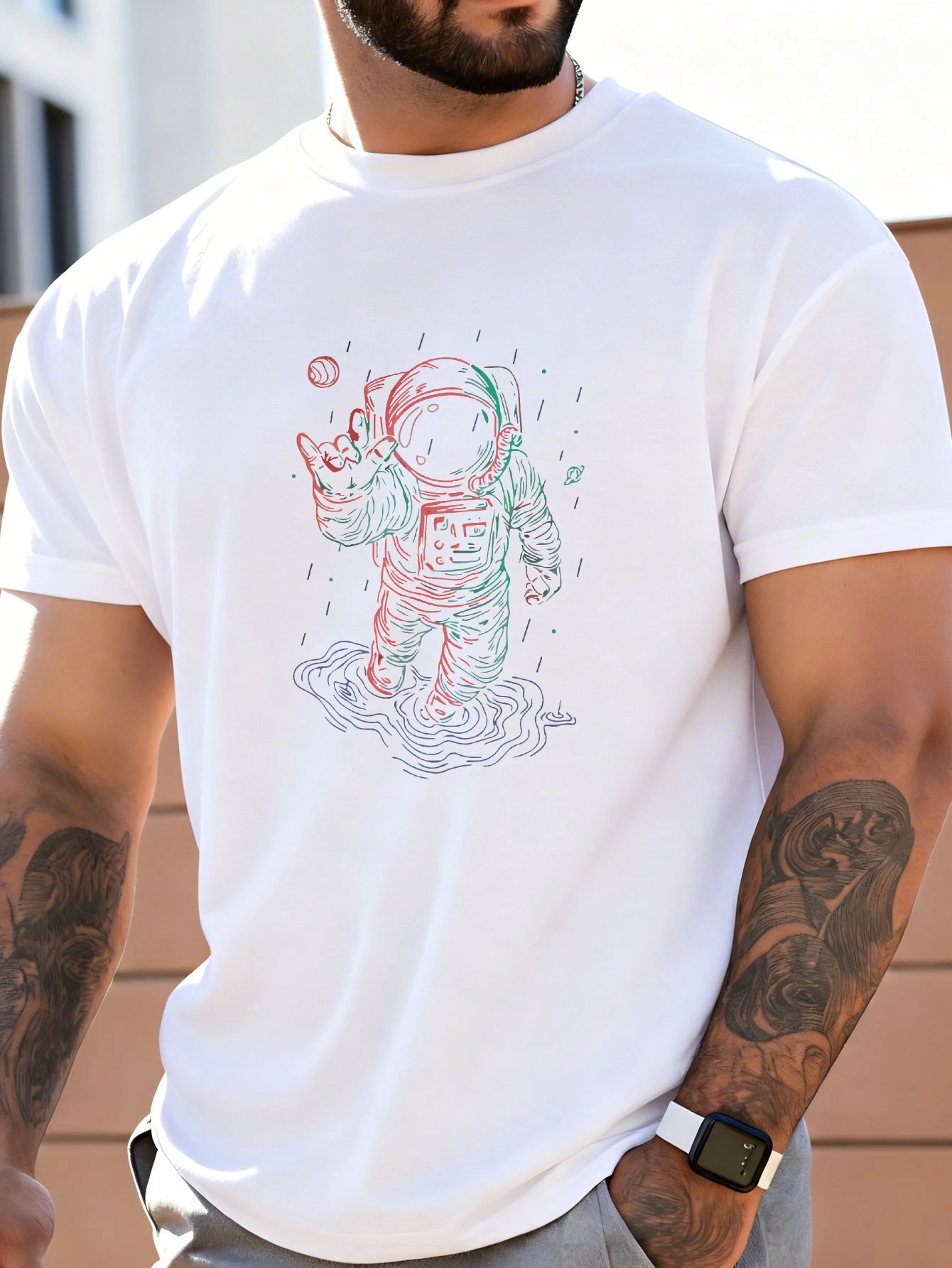 Men's Graphic T-Shirt - Breathable, Soft, Lightweight - Astronaut Floating in Space Rain - Vintage Fun Graphic Casual Short Sleeve Summer Top, Gift for Him