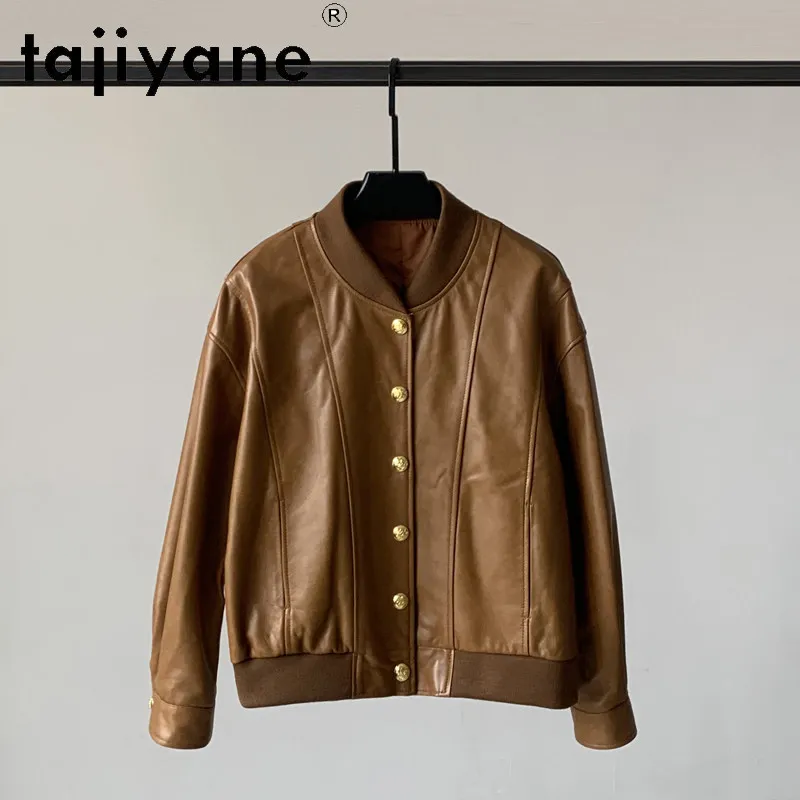 TAJIYANE Short Sheepskin Genuine Leather Jacket Woman Stand Collar Jackets for Woman Baseball Leather Coat Chaqueta Mujer Chic