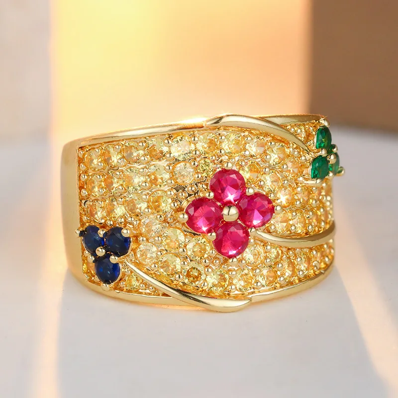 Vintage Inlaid Multicolored CZ Flower Women's Ring Ethnic Gold Color Hand Carving Daily Wear Party Jewelry Anniversary Gift