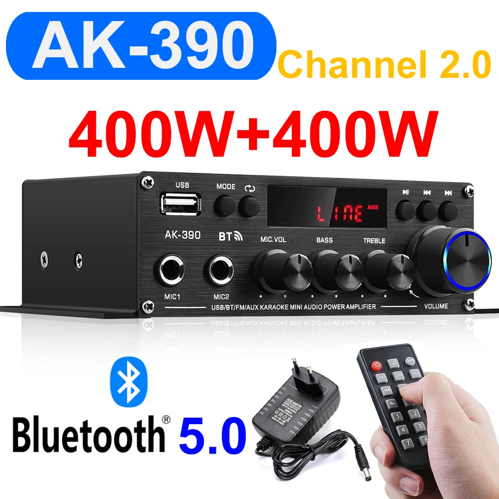 

AK390 Bluetooth5.0 Усилитель HIFI Домашние цифровые аудиоусилители Канал 2.0 Музыкальный плеер Поддержка FM USB SD Басовый усилитель 12V3A EUPlug