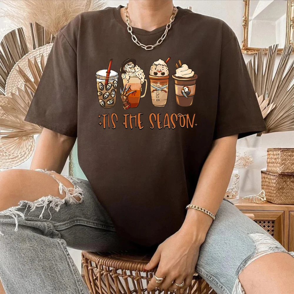 Tis The Season Fall Coffee Shirt Horror Characters Coffee Latte T-shirt Scary Movie Halloween Tees Spooky Season Halloween Tops