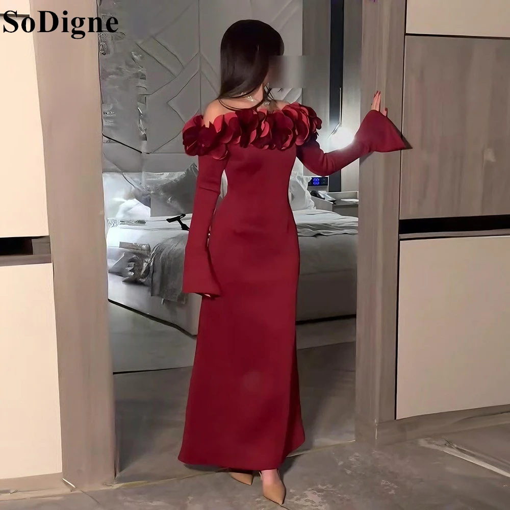 

SoDigne Elegant Burgundy Evening Dresses Off Shoulder Ankle Length Appliques Long Sleeves Party Dress 2024 Formal Prom Gowns