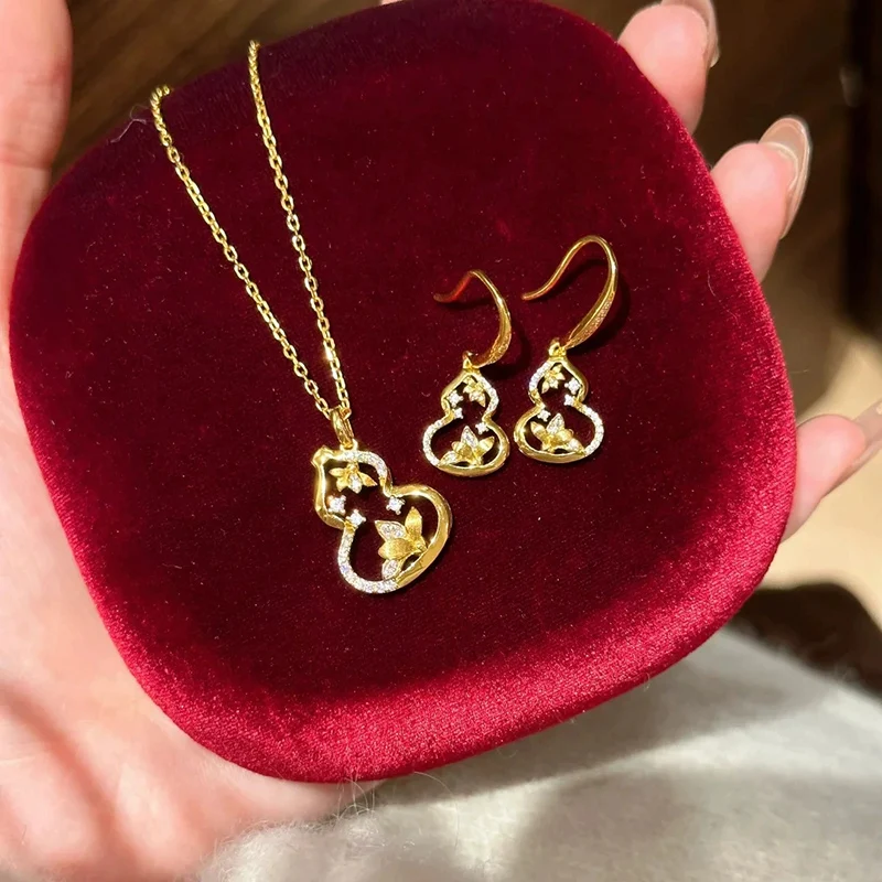 New Chinese style Brushed Gourd Flower Necklace Light Luxury Temperament Inlaid Fulu Zircon Earrings Chic Jewelry Set for Women