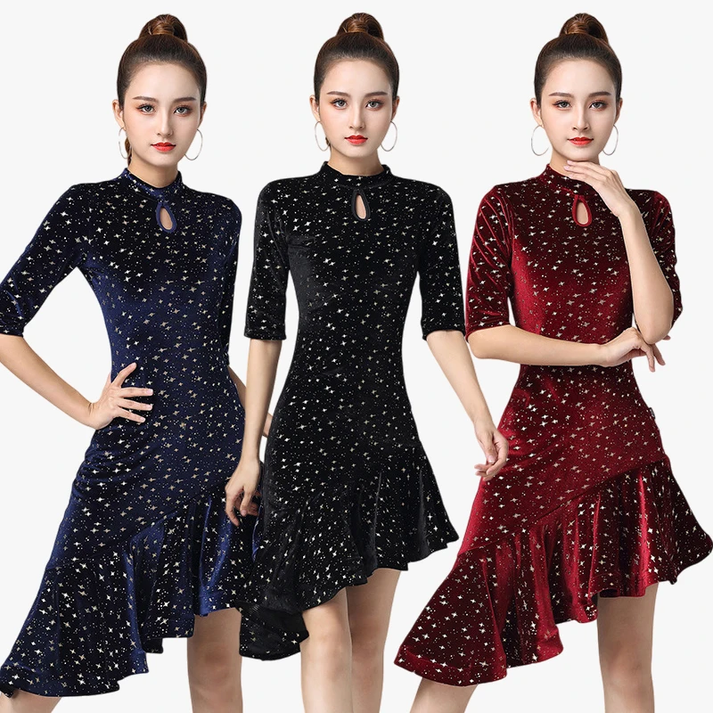 Nieuw Latin danskostuum voor volwassenen Fluwelen Cha Cha-jurk voor prestatiepraktijk Herfst Winterdanskleding