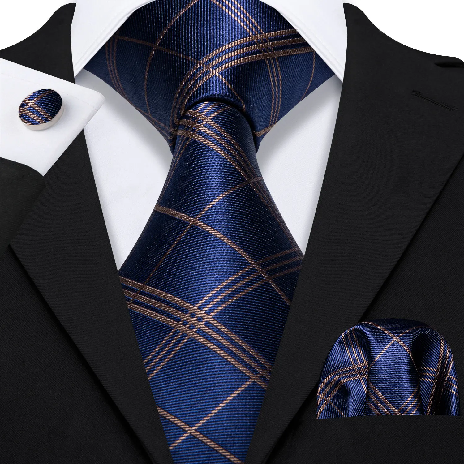 Yellow Plaid Ties For Men Shirts Men\'s Tie Handkerchief Cufflinks Set 15 Colors Neck Tie Fashion Design S-5241