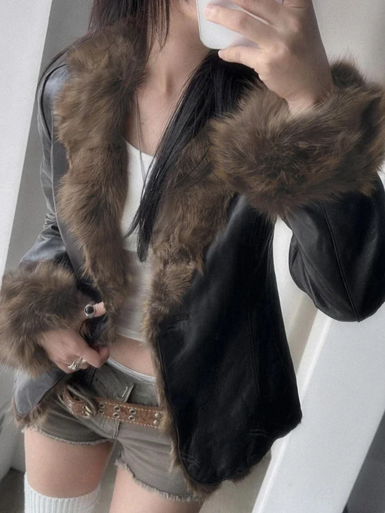 Veste en PU noire esthétique Y2K, manteau vintage à un bouton, streetwear patchwork, coupe couvertes, fourrure grunge, Harajuku, hiver, sexy, 2025