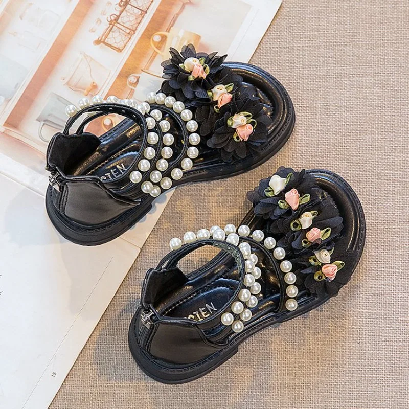 Girls' Sandals 2024 Summer New Little Girl Fashion Princess Shoes Baby Flower Fairy Style Soft Sole Pearl Shoes H087