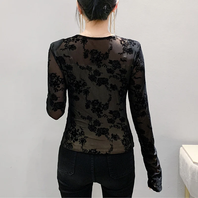 2025,New,European,Clothes,T-shirt,Fashion,Sexy,Hollow Out,Mesh,Flocking,Patchwork,Women,Tops,Long Sleeve,With fleece,Tees,41223