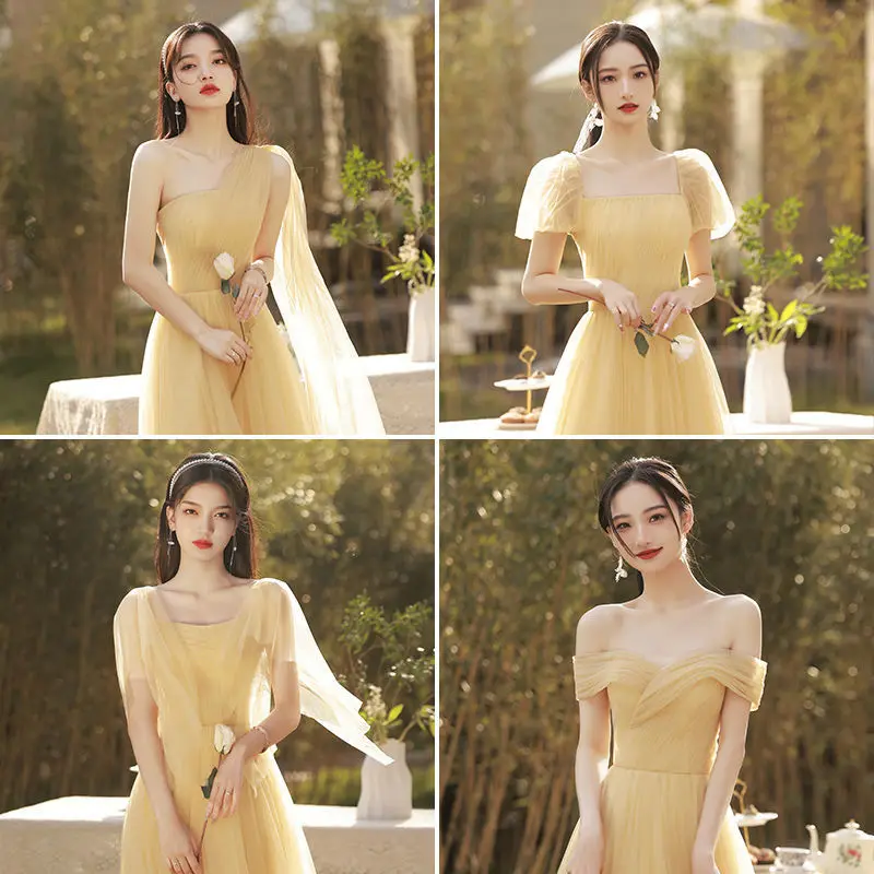 Champagne Tulle Bridesmaid Dress Women One Shoulder Short Sleeves Square Collar Bandage A-line Homecoming Dresses Elegant Gown