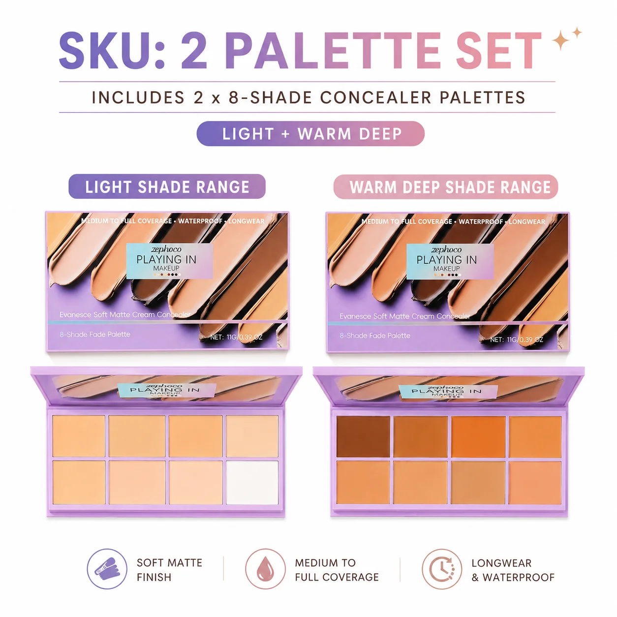 A 16-shade concealer palette featuring a natural brown, soft-matte finish and gradient coverage, ideal for concealing blemishes, acne scars, freckles and under-eye bags