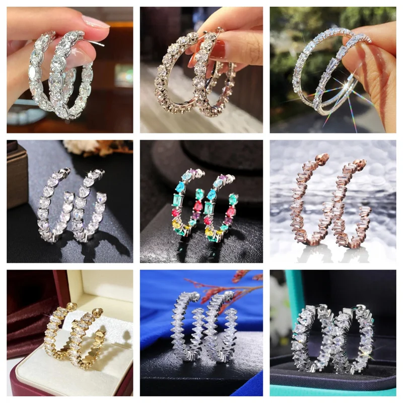 2024 Full Marquise Cubic Zirconia Hoop Earrings for Women Modern Fashion Gold Color Big Circle Girls Trendy Jewelry