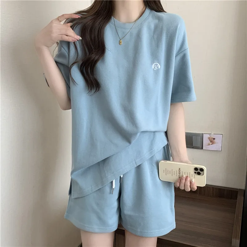 Women Casual Sports Suits Summer Short Sleeve T-shirts+Wide Leg Shorts Two Piece Sets Embroidery Outfit Female Loose Tracksuit