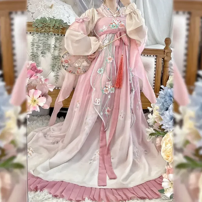 Cosdea [ฟองชาเย็น] สีชมพูปัก Hanfu ผู้หญิงปรับปรุงองค์ประกอบ Han ชุดหน้าอกอุตสาหกรรมหนักเย็บปักถักร้อยทุกวันฤดูร้อน S