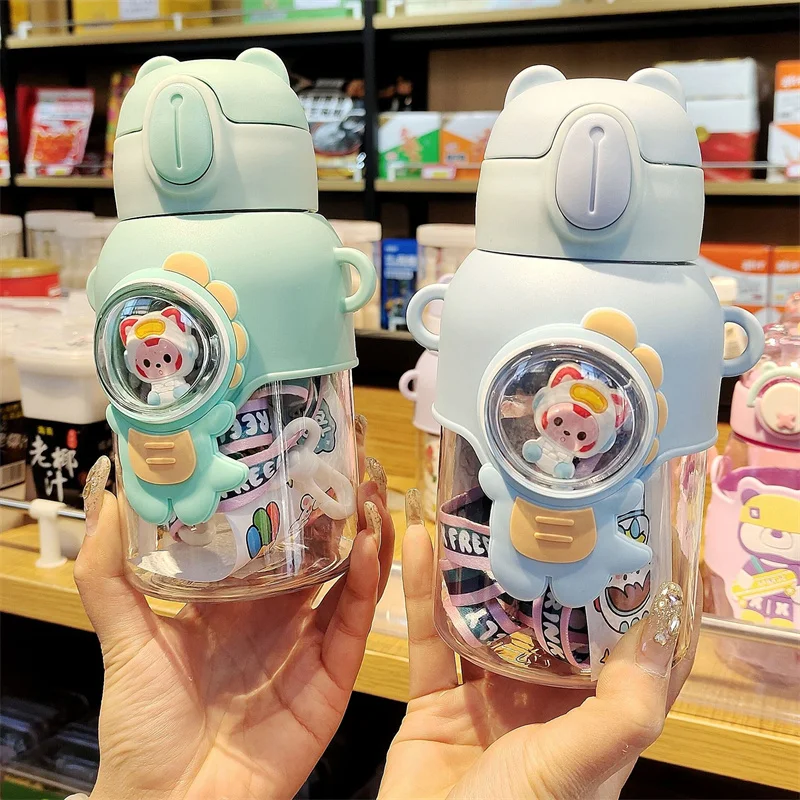 600MLCartoon Children's Summer Water Bottle with Straw Kawaii Boys Girls Water Bottles Free Shipping Portable Drinking Water Cup