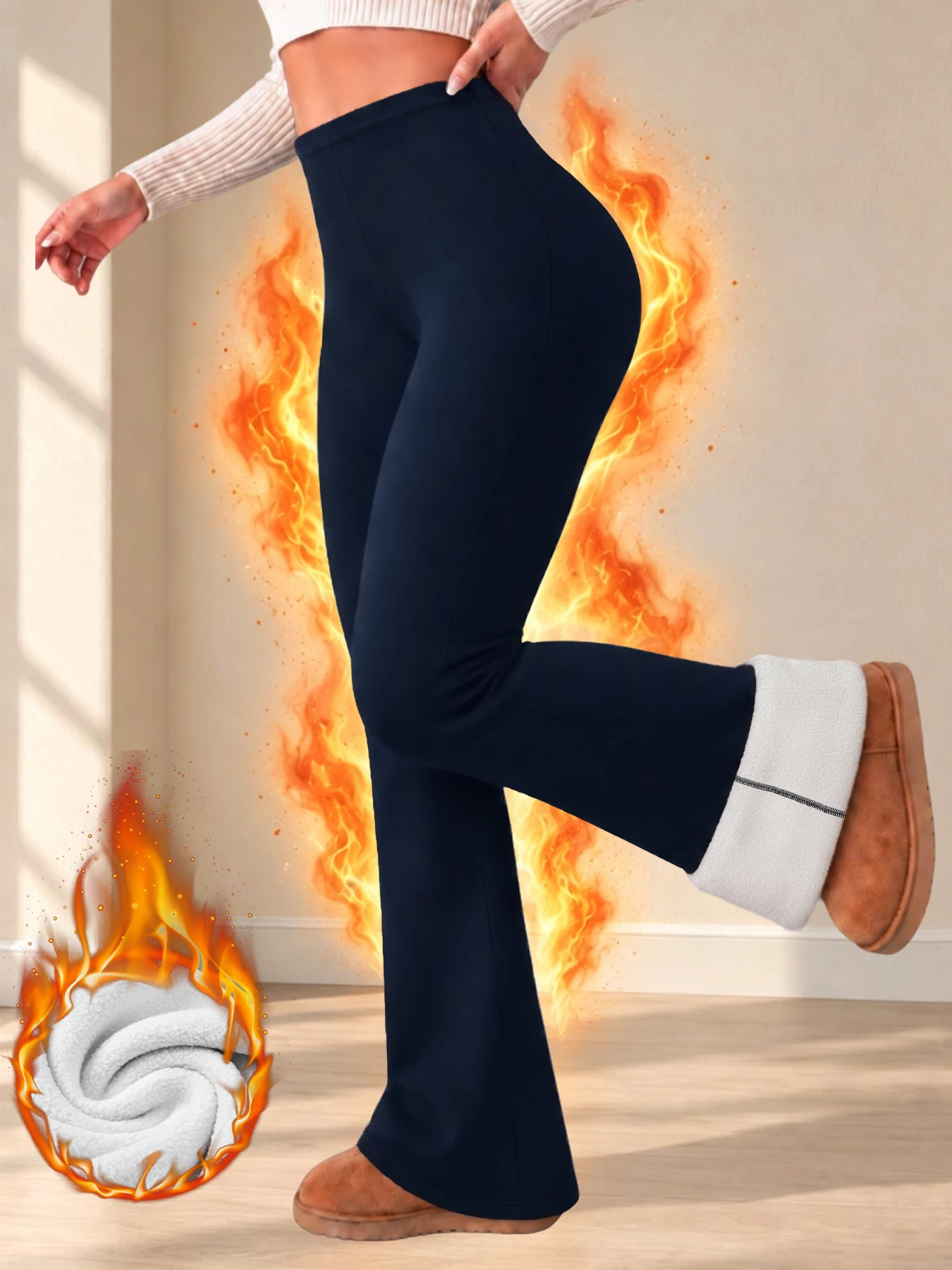 Fleece-gefütterte Leggings mit ausgestelltem Bein für Damen, dicke, weiche, wärmende Thermohosen für den täglichen Gebrauch und zum Entspannen im Winter. – Detail 9