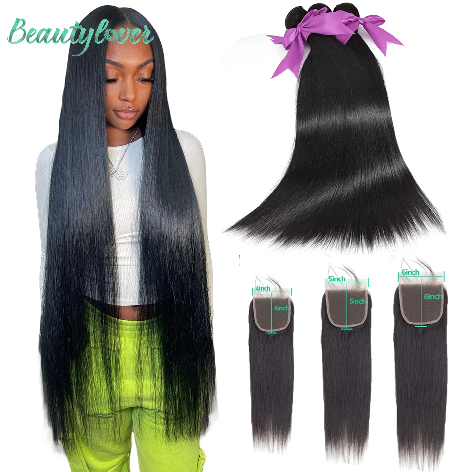 28 30 32 Inch Long Bundles With Closure 4x4 5x5 6x6 Straight Human Hair Bundles With Closures Indian Hair Extensions For Women