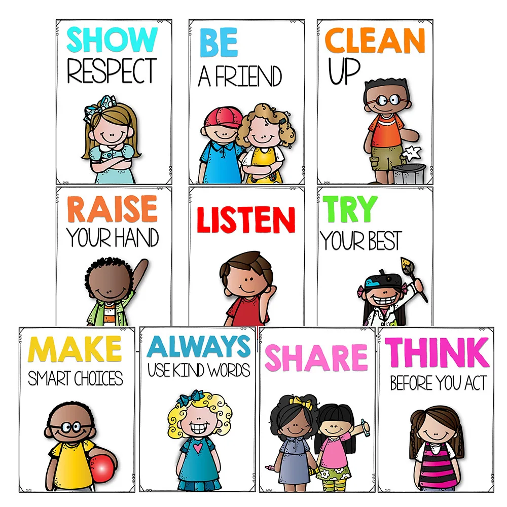 10 مجموعات من قواعد الفصول الدراسية الإنجليزية مقاس A4 للأطفال من سن 3 إلى 6 سنوات، زراعة العادات الجيدة وملصقات الانضباط في الفصل الدراسي