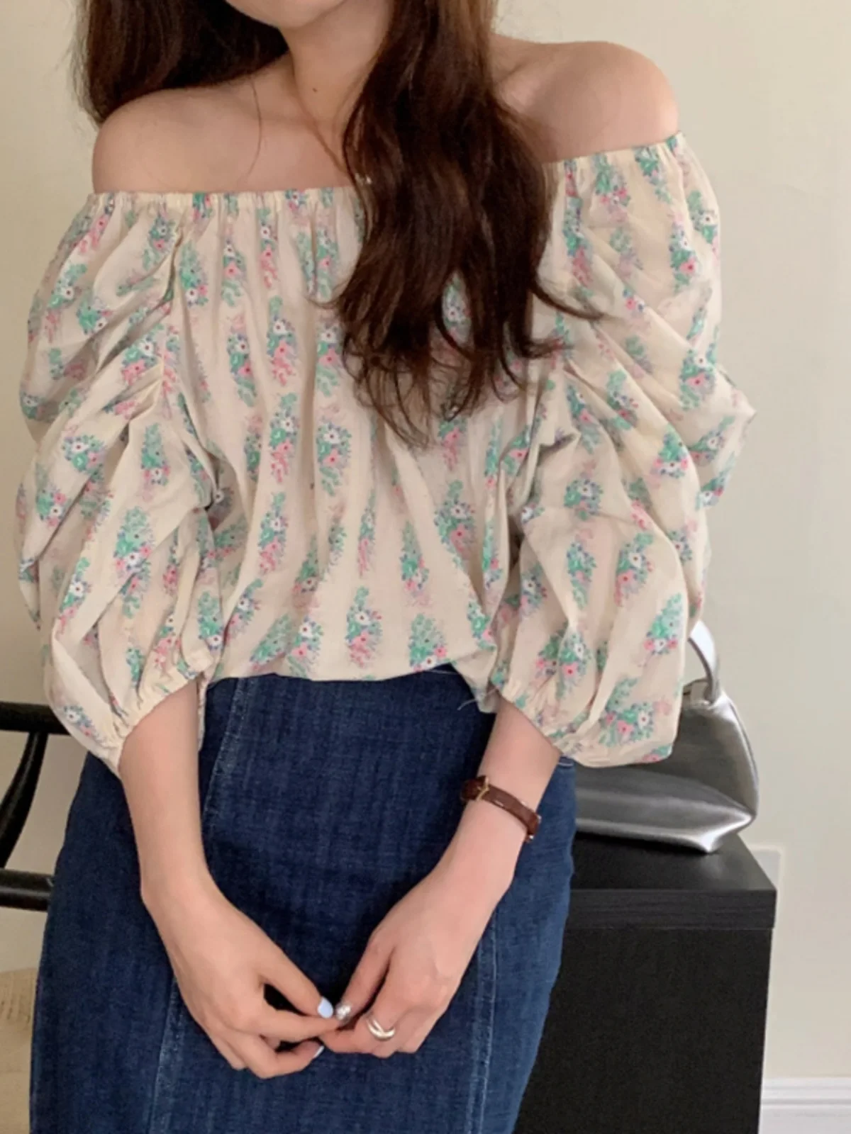 

Slimming Chic oulder Bared Women's irt Summer Lantern Sve Chic Personali Exposing oulder And Clavicle Sexy Slimming
