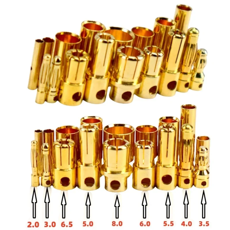 Plugue conector banana bala dourada 2.0mm-8.0mm para bateria esc lipo rc universal fit acessórios eletrônicos rc 20 peças