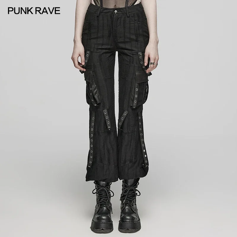 

PUNK RAVE Women's Punk Cool Techwear Trousers Irregular Geometric Pattern Eyelet Webbing Design Female Pants Spring/Autumn