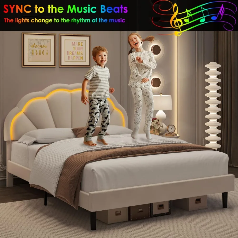 hifit full upholstered smart led bed frame with adjustable chic petal headboard, princess full size platform bed frames for kids